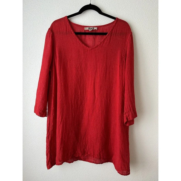 FLAX Tops - Flax Red 100% Linen Tunic Top V Neck 3/4 Sleeve Women’s L Christmas Holiday